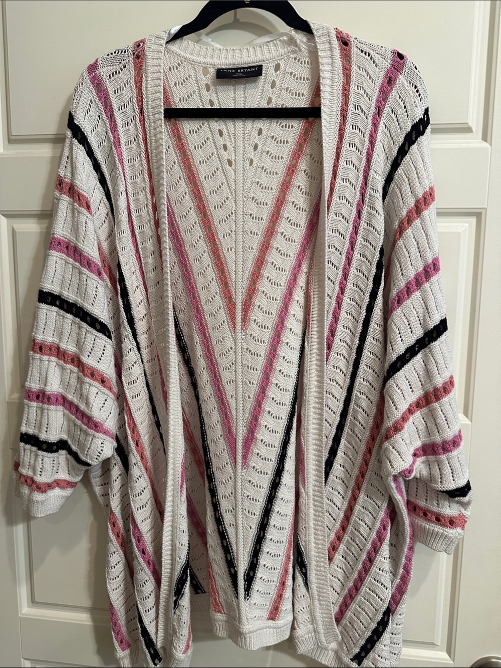 Lane Bryant Cream Open-Knit Cardigan with Pink and Black Stripe Detail